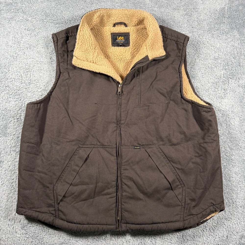 Lee Canvas Vest Mens XXL Brown Sherpa Lined Workwear Full Zip Pockets